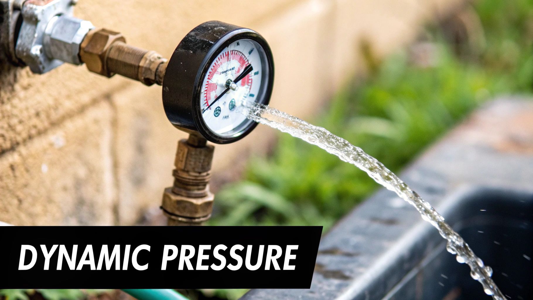 A water pressure gauge attached to a pipe sprays a strong stream of water, illustrating dynamic pressure.