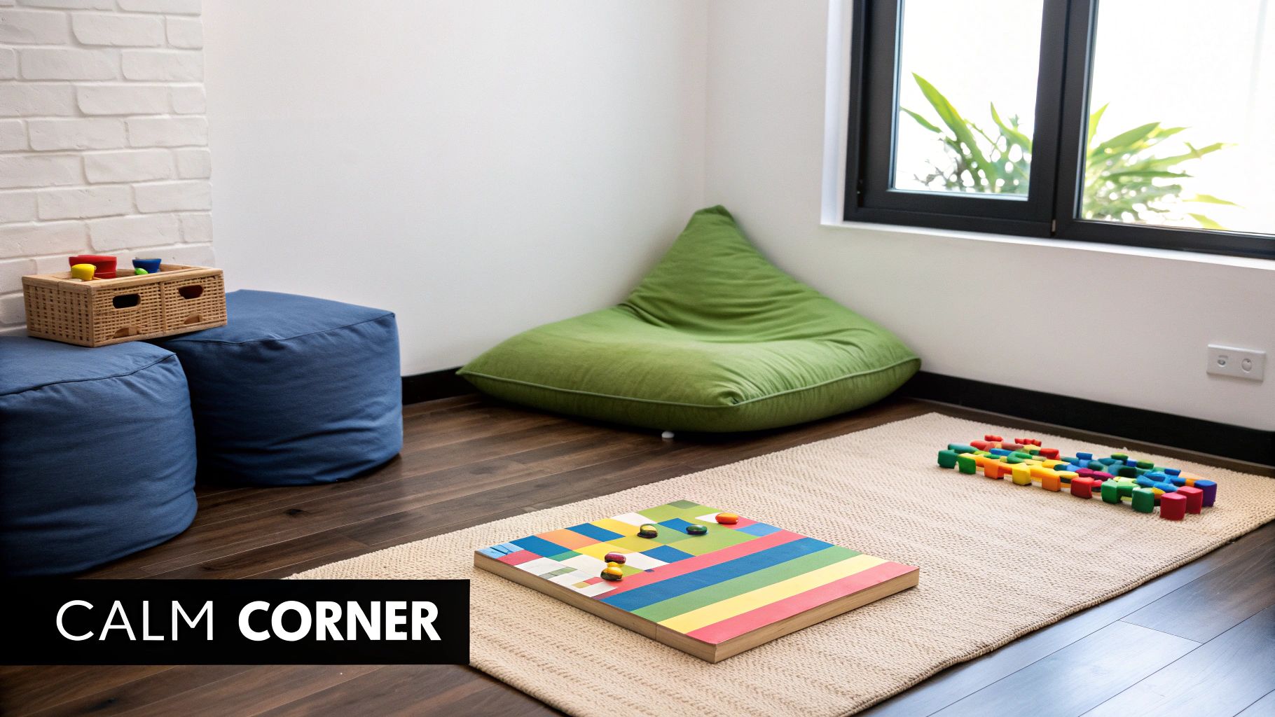 A colorful 'Calm Corner' featuring a green bean bag, blue poufs, and engaging board games on a rug.