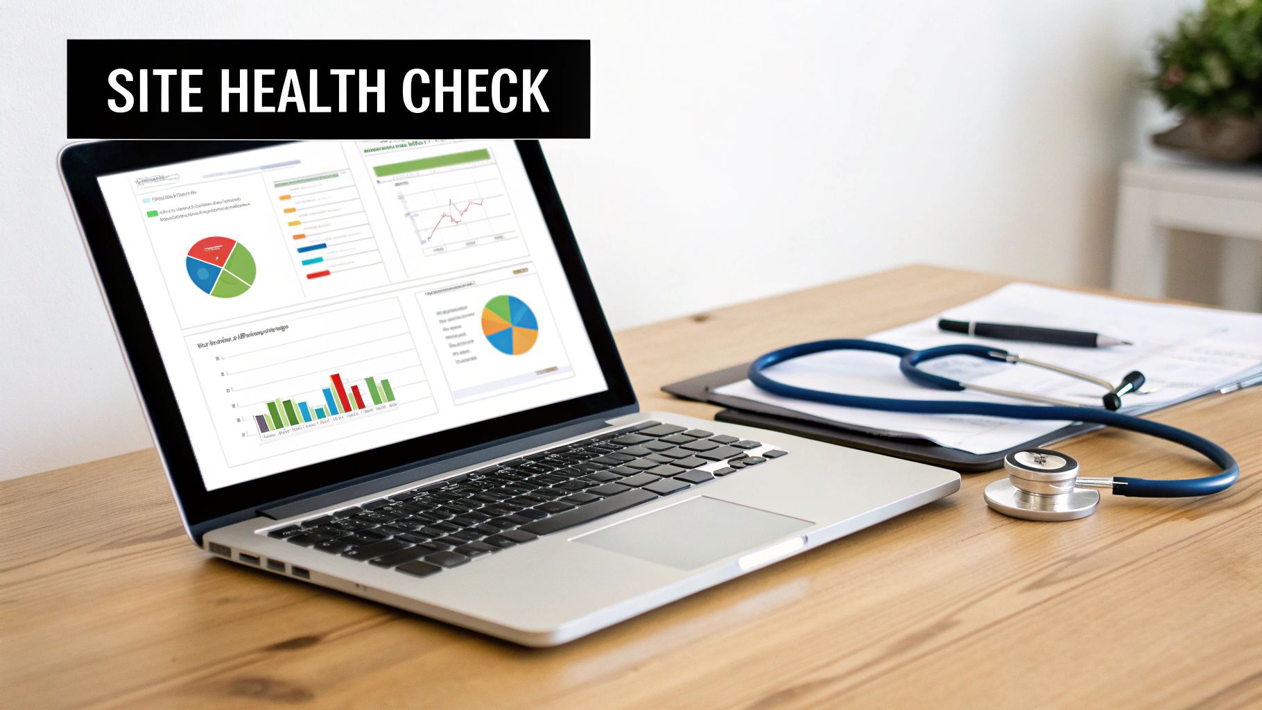 A laptop displaying site health check charts with a stethoscope and documents on a wooden desk.