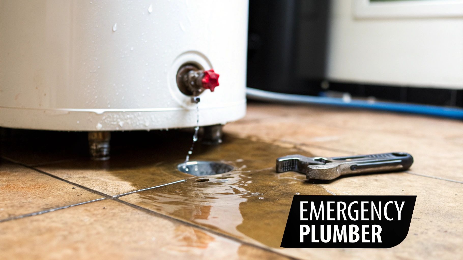 A white water heater leaks onto a tiled floor, with a wrench and 'Emergency Plumber' text.