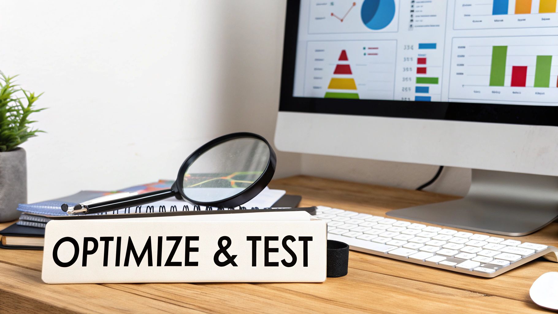 A desk with a computer showing data charts, a magnifying glass, and an 'OPTIMIZE & TEST' sign.