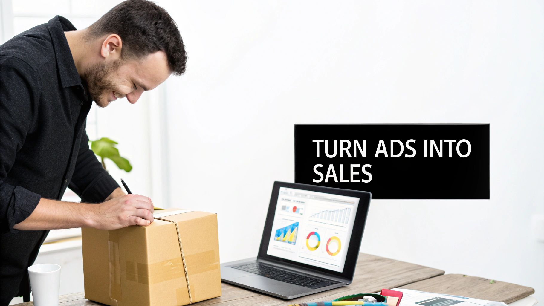 Smiling man writes on a shipping box, laptop with sales analytics and 'Turn Ads Into Sales' text.
