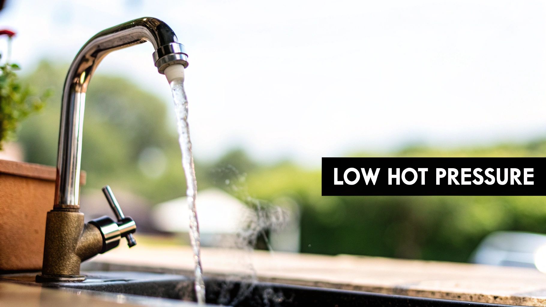 A kitchen faucet is shown with a thin stream of water, highlighting low hot water pressure and mist.