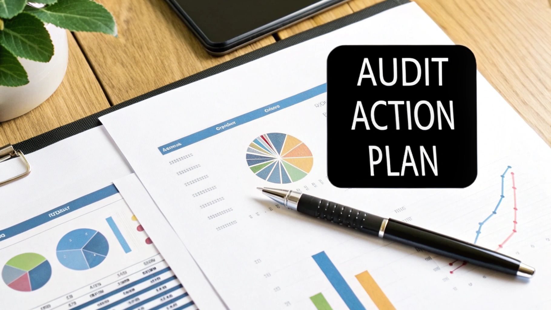 Financial reports with charts, a pen, and an 'AUDIT ACTION PLAN' sign on a wooden desk.