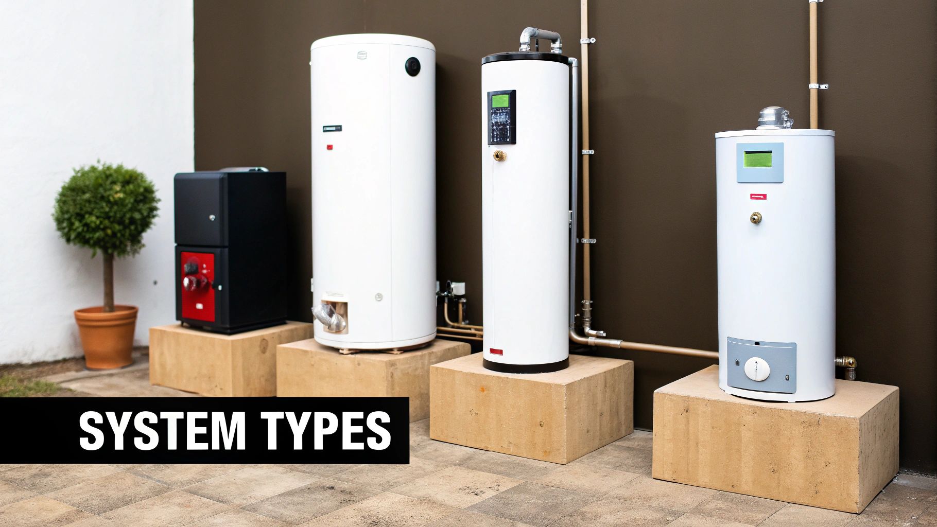 Multiple white and black hot water systems and tanks arranged on light brown blocks.