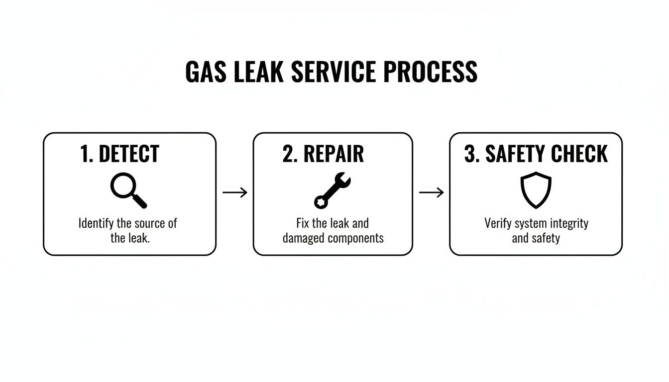 Diagram showing the gas leak service process: detect, repair, and safety check steps.