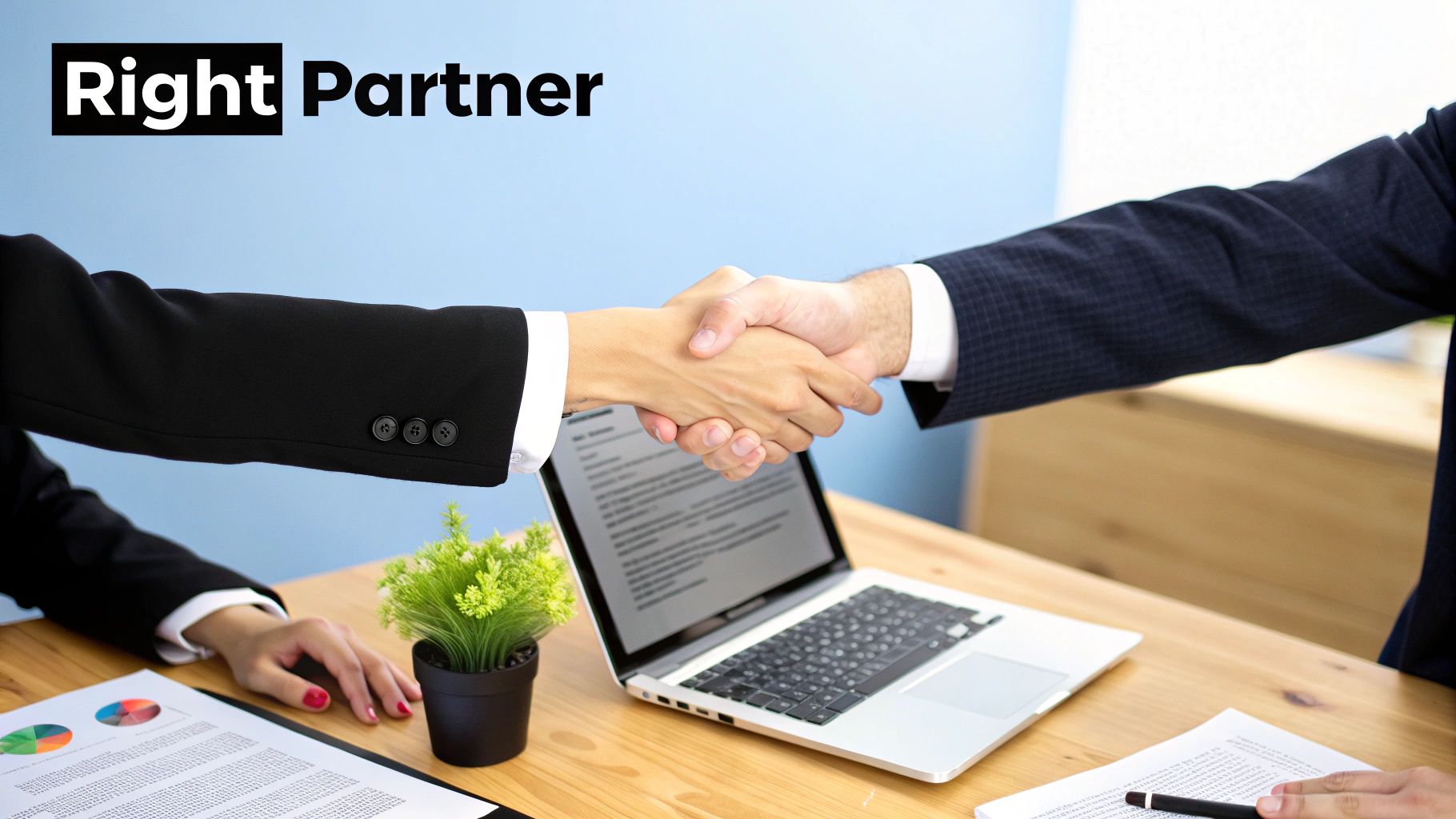 Two business professionals shake hands across a table with a laptop, symbolizing partnership and agreement.