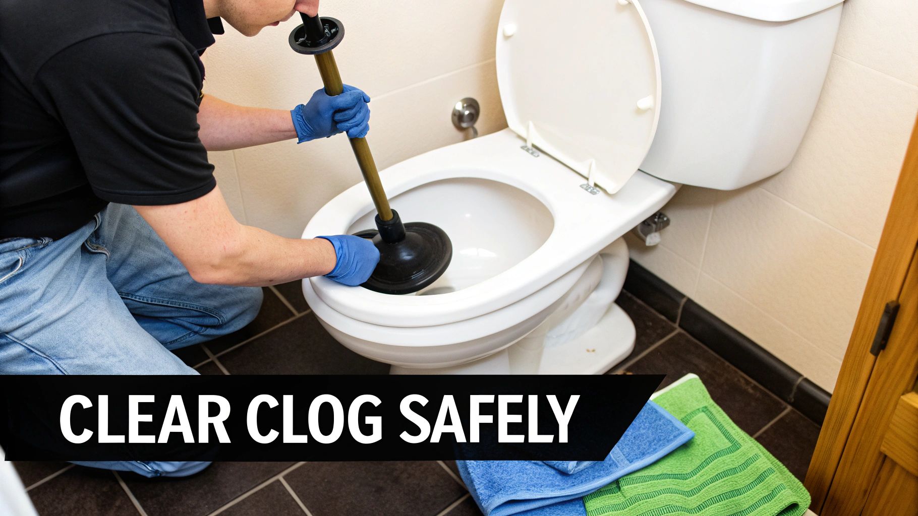 A person wearing blue gloves uses a plunger to clear a white toilet, with a text banner saying 'CLEAR CLOG SAFELY'.