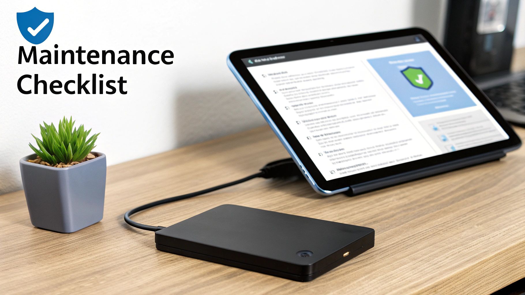 Maintenance checklist displayed on tablet with external hard drive on wooden desk workspace