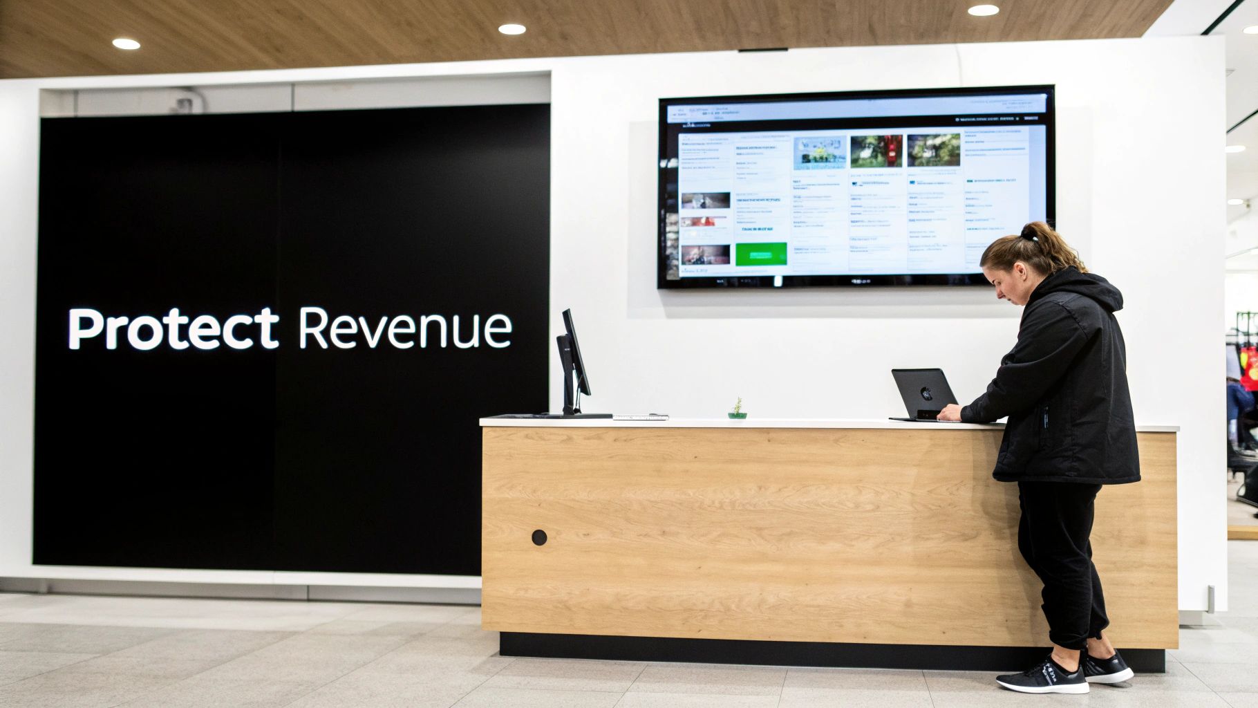 A woman works on a laptop at a modern reception desk with “Protect Revenue” on a large screen.