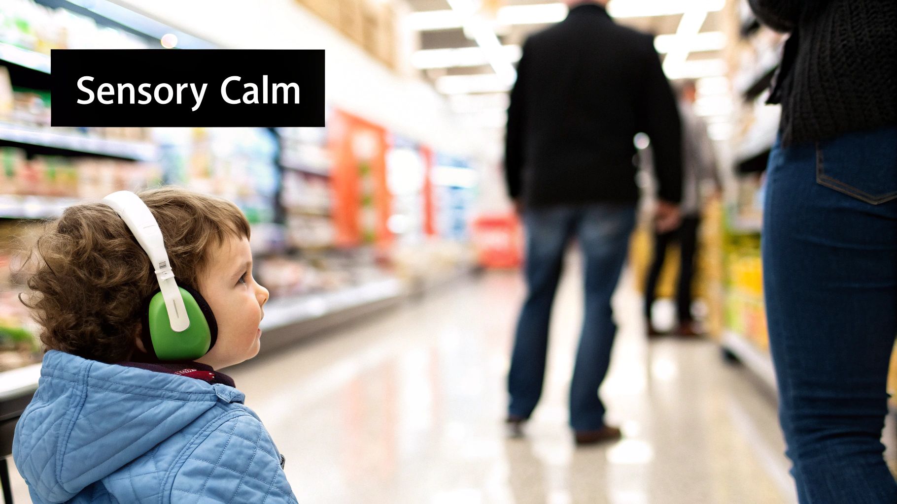 A young child wearing green sensory ear muffs in a busy supermarket aisle.