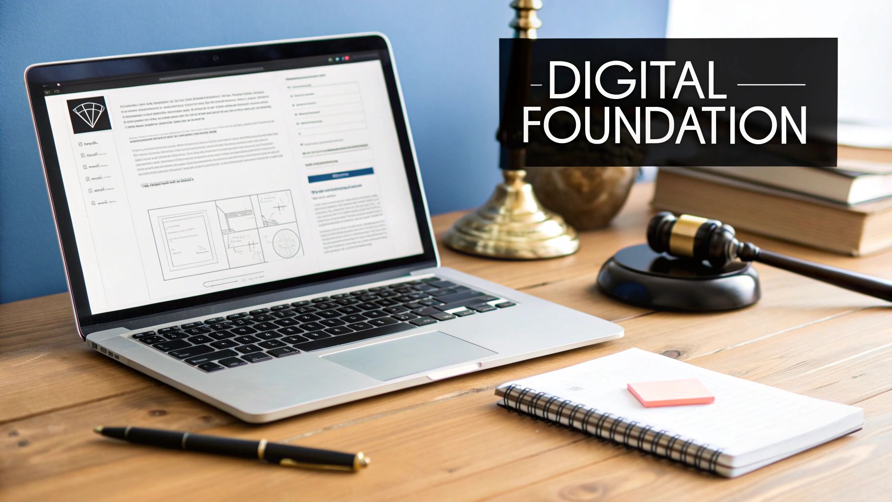 Laptop displaying legal documents, a gavel, books, and pen on a wooden desk with 'DIGITAL FOUNDATION' text.