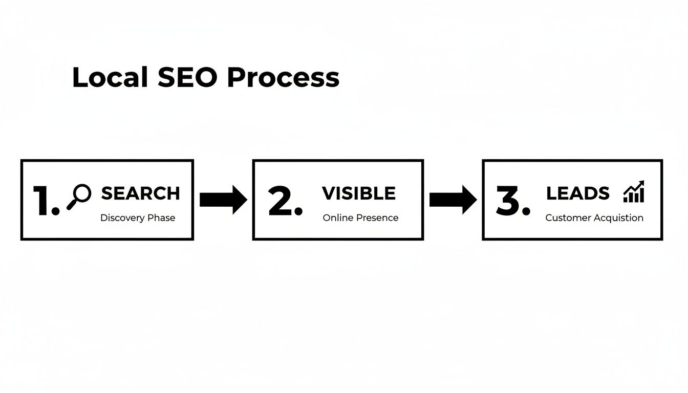 A three-step diagram illustrating the Local SEO Process: 1. Search (Discovery Phase), 2. Visible (Online Presence), and 3. Leads (Customer Acquisition).