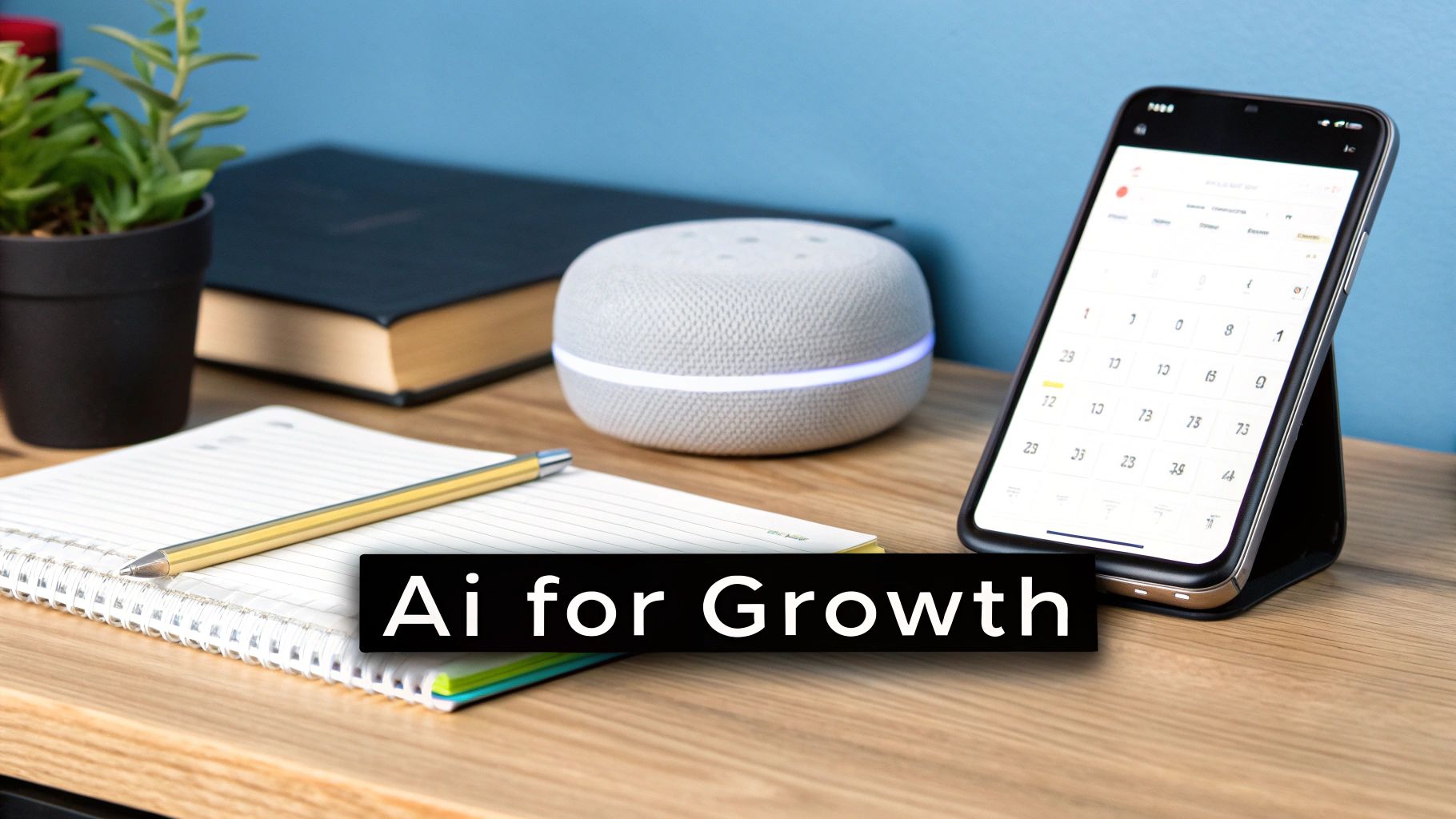 A modern desk setup with a smart speaker, notebook, pen, and a smartphone displaying a calendar, with 'Ai for Growth' text overlay.
