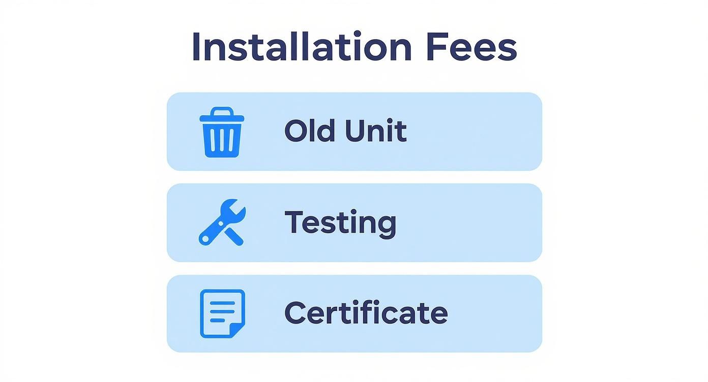 A graphic displaying installation fees, including old unit removal, testing services, and a certificate.