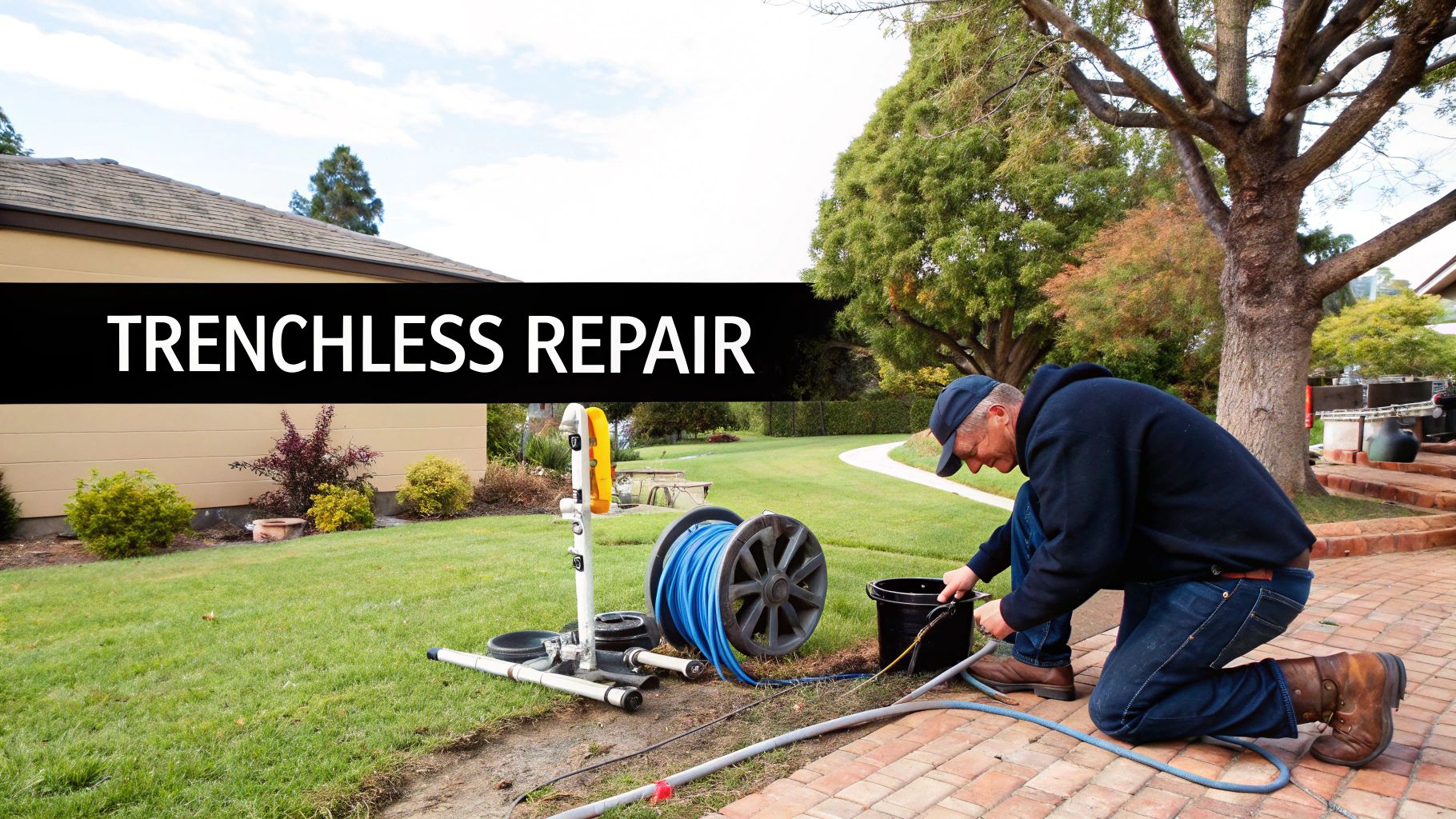 A plumber performs trenchless pipe repair using specialized equipment in a residential backyard.