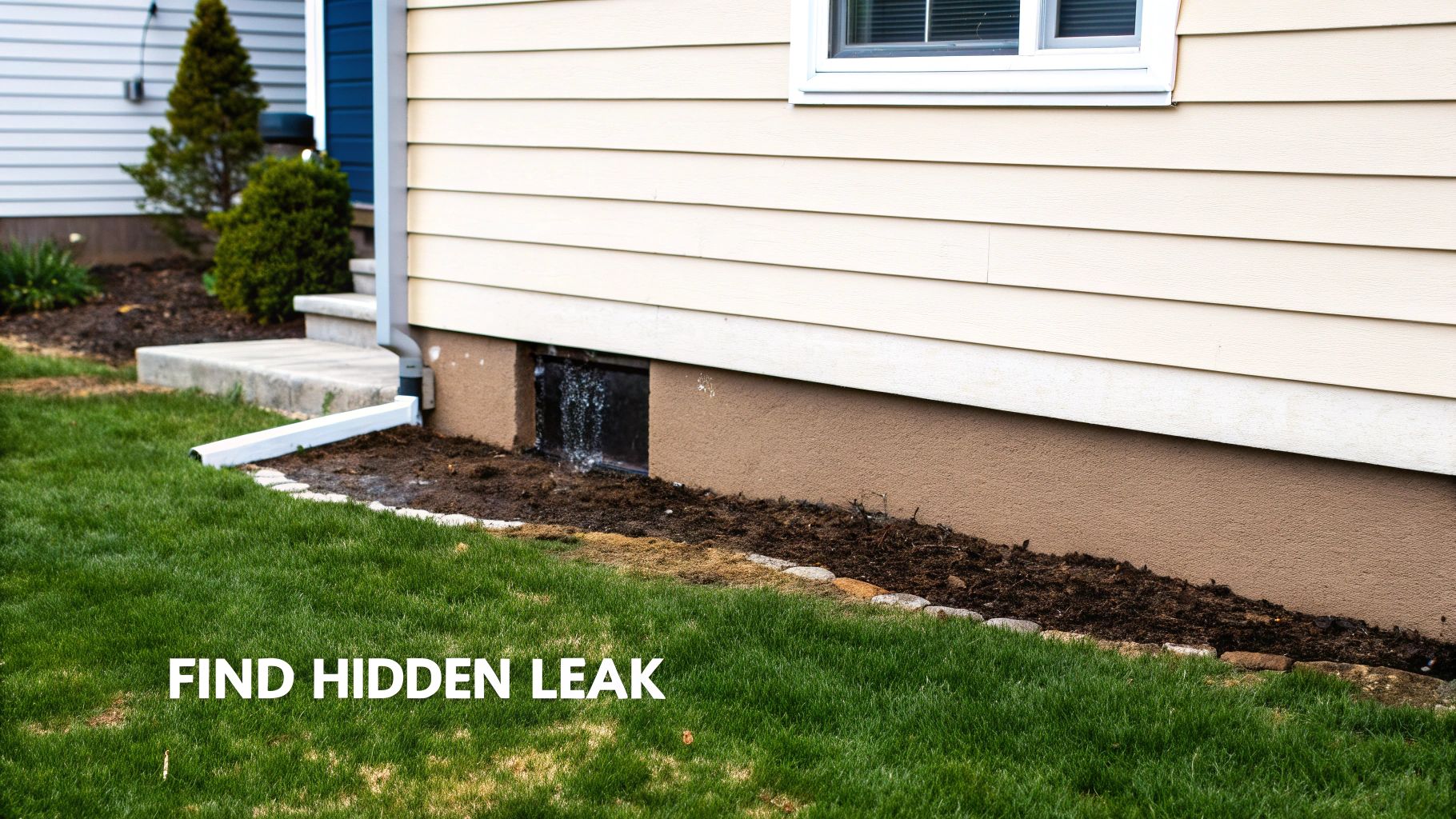 Water leaking from a basement window well on the side of a house, with a downspout nearby.
