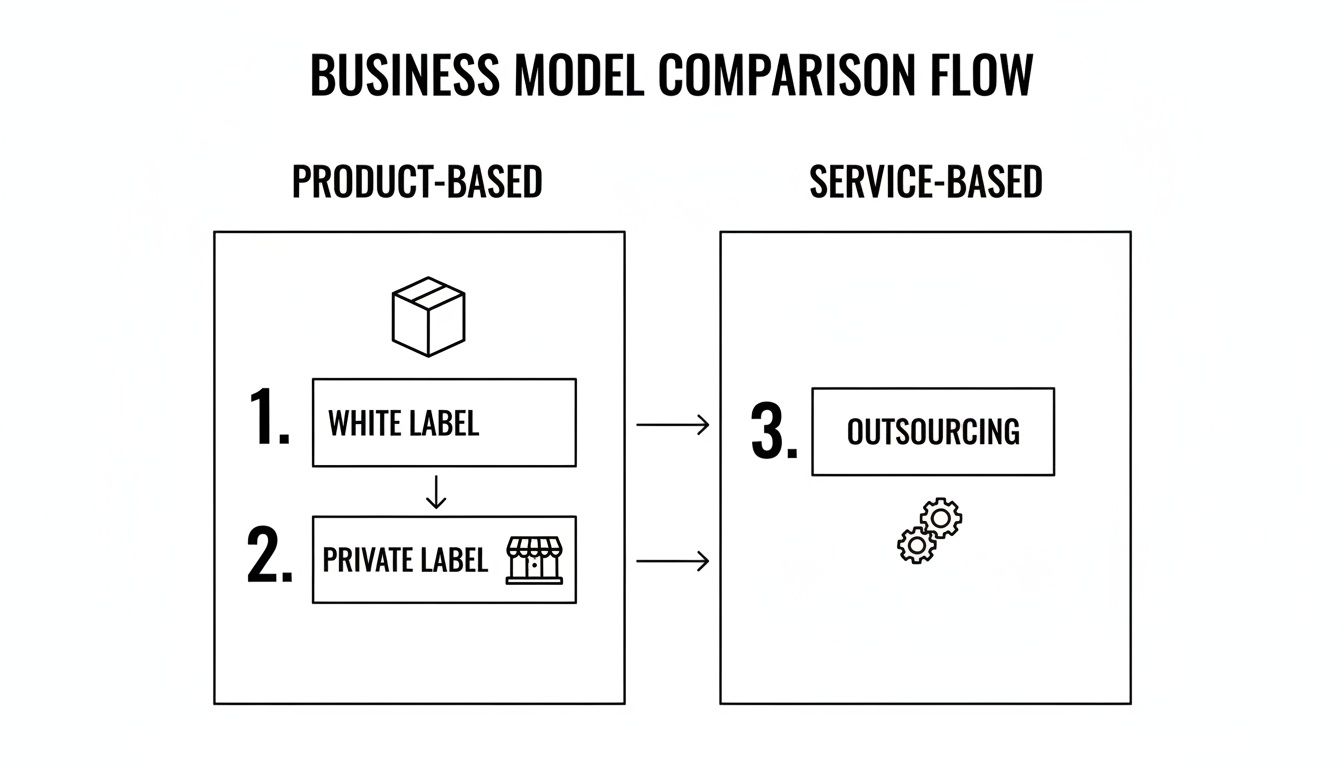 Flowchart comparing product-based (white label, private label) and service-based (outsourcing) business models.