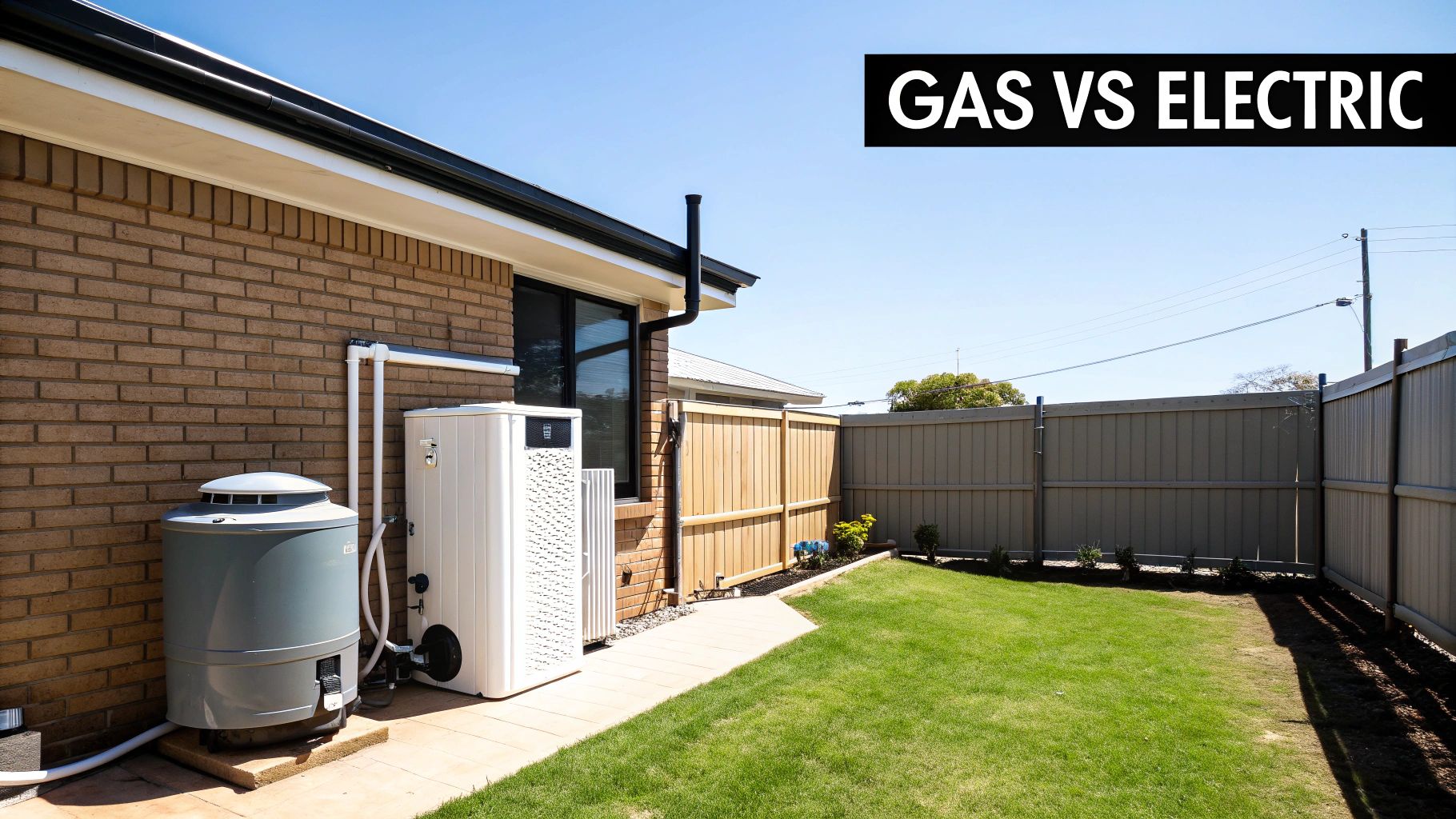 Outdoor scene comparing different residential water heaters, a grey tank and a white heat pump, against a brick house.