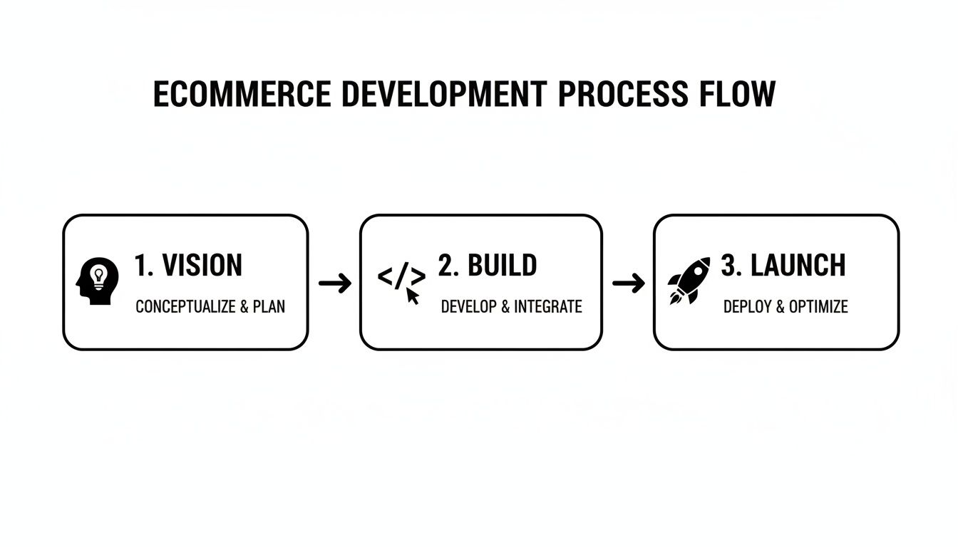 An infographic detailing the three-step e-commerce development process: Vision, Build, and Launch.
