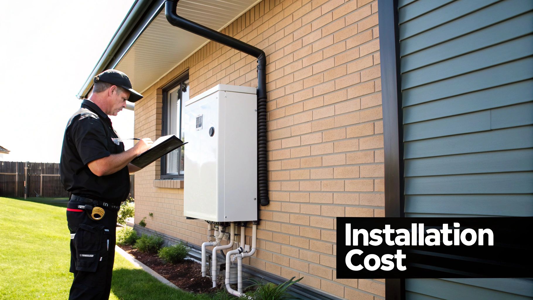A technician inspects an outdoor gas hot water heater unit on a house, writing on a clipboard.