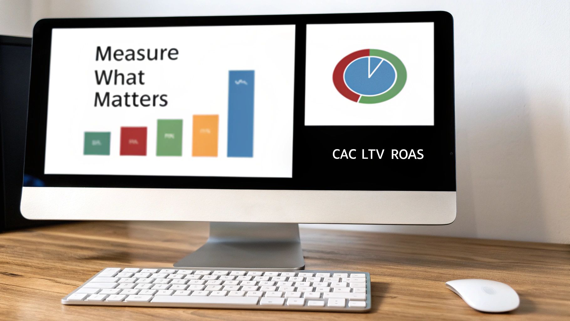 A computer monitor on a wooden desk displaying marketing data, charts, and key performance indicators.