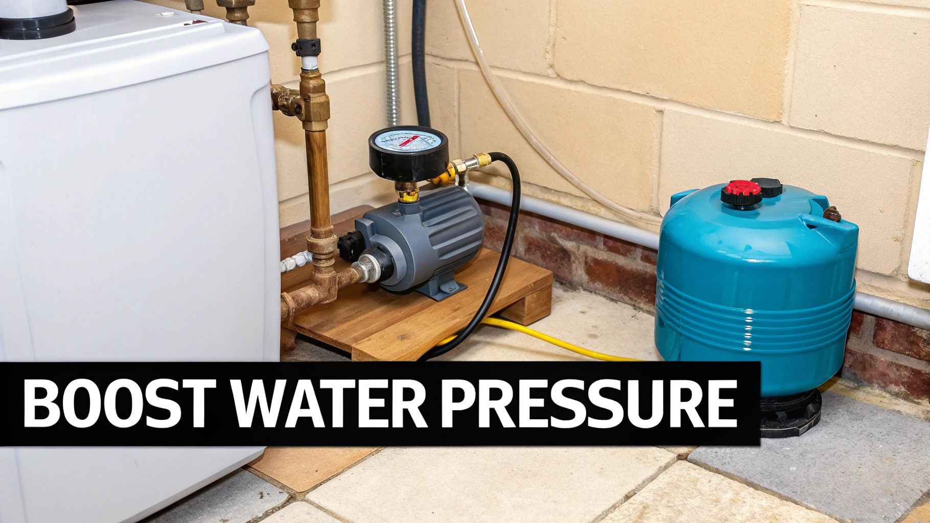 A water pressure booster pump with a blue expansion tank and pipes in a utility room.