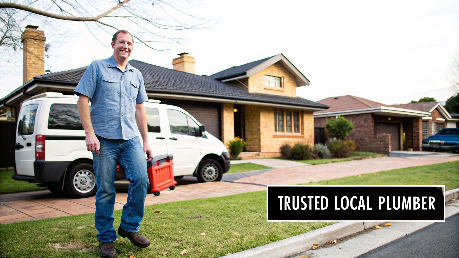 A smiling male plumber stands with his van and toolbox in front of a house, ready for service.