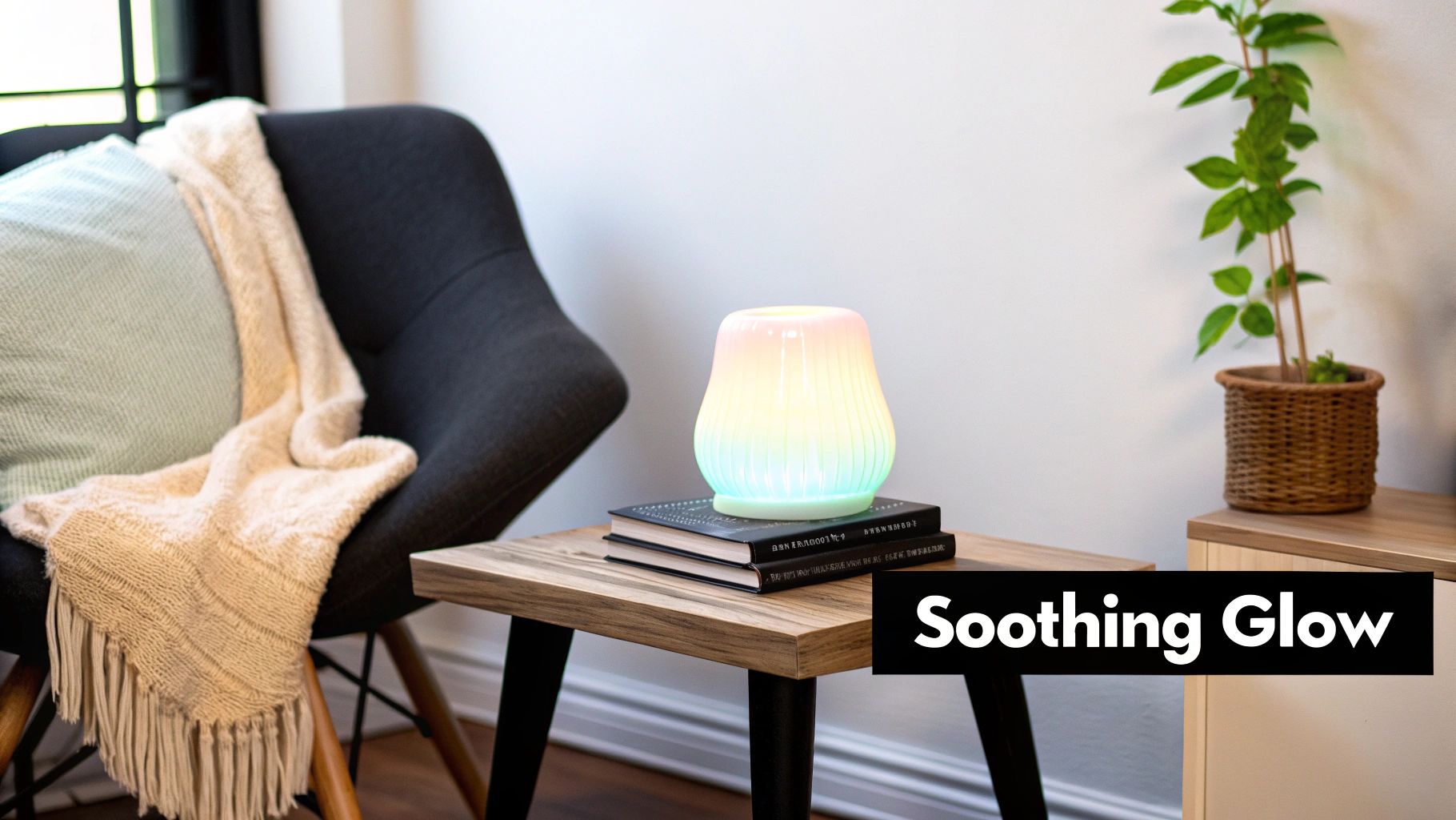 A multi-colored glowing lamp on a wooden side table, creating a soothing ambiance in a cozy room.