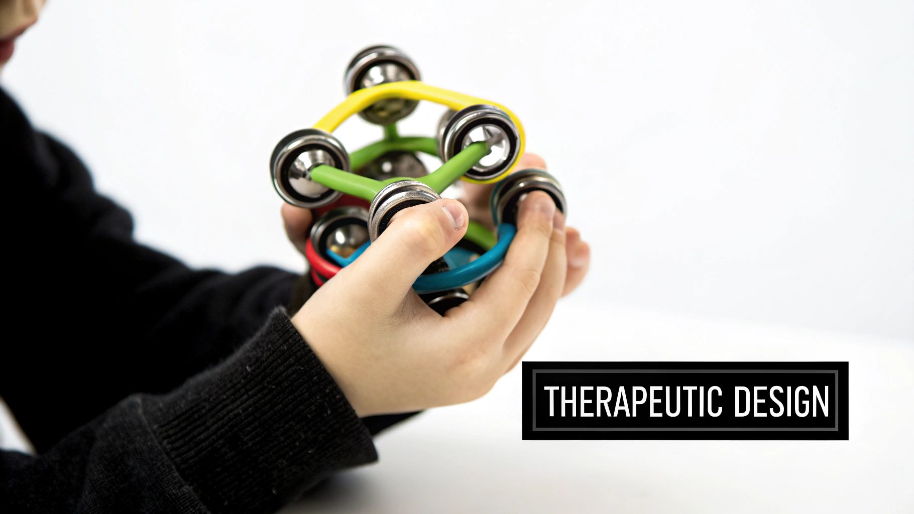 A child's hands hold a colorful, bell-adorned fidget toy, illustrating therapeutic design principles.