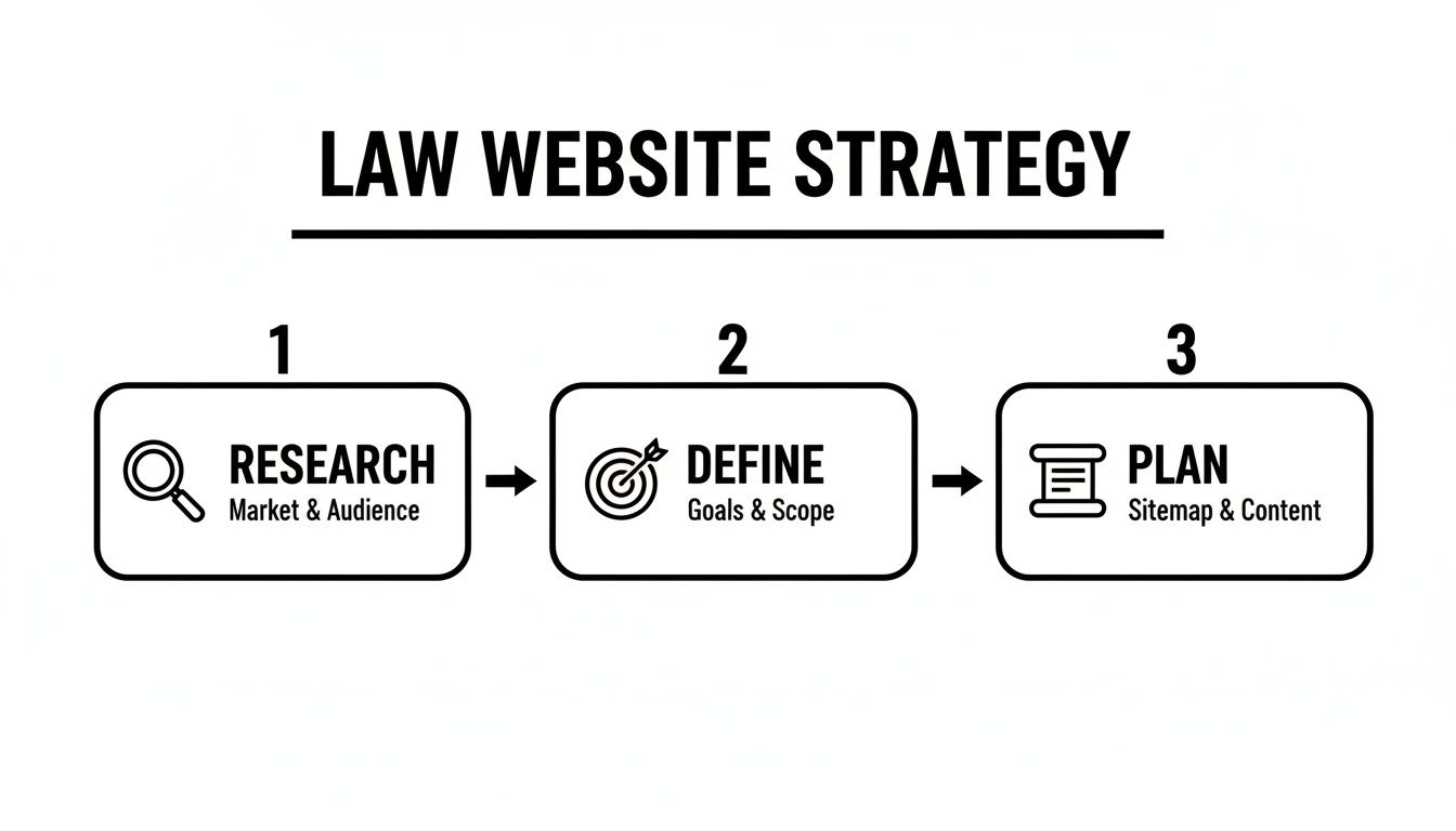 Flowchart illustrating a three-step law website strategy: Research, Define, and Plan for development.