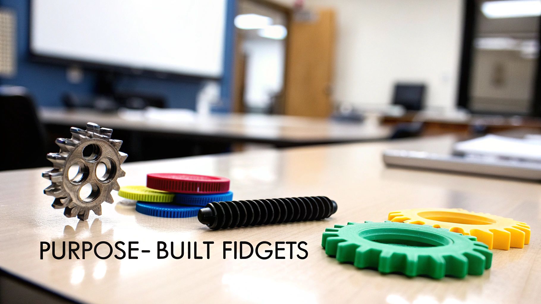 Close-up of various metallic and colorful purpose-built fidget toys on a wooden table.