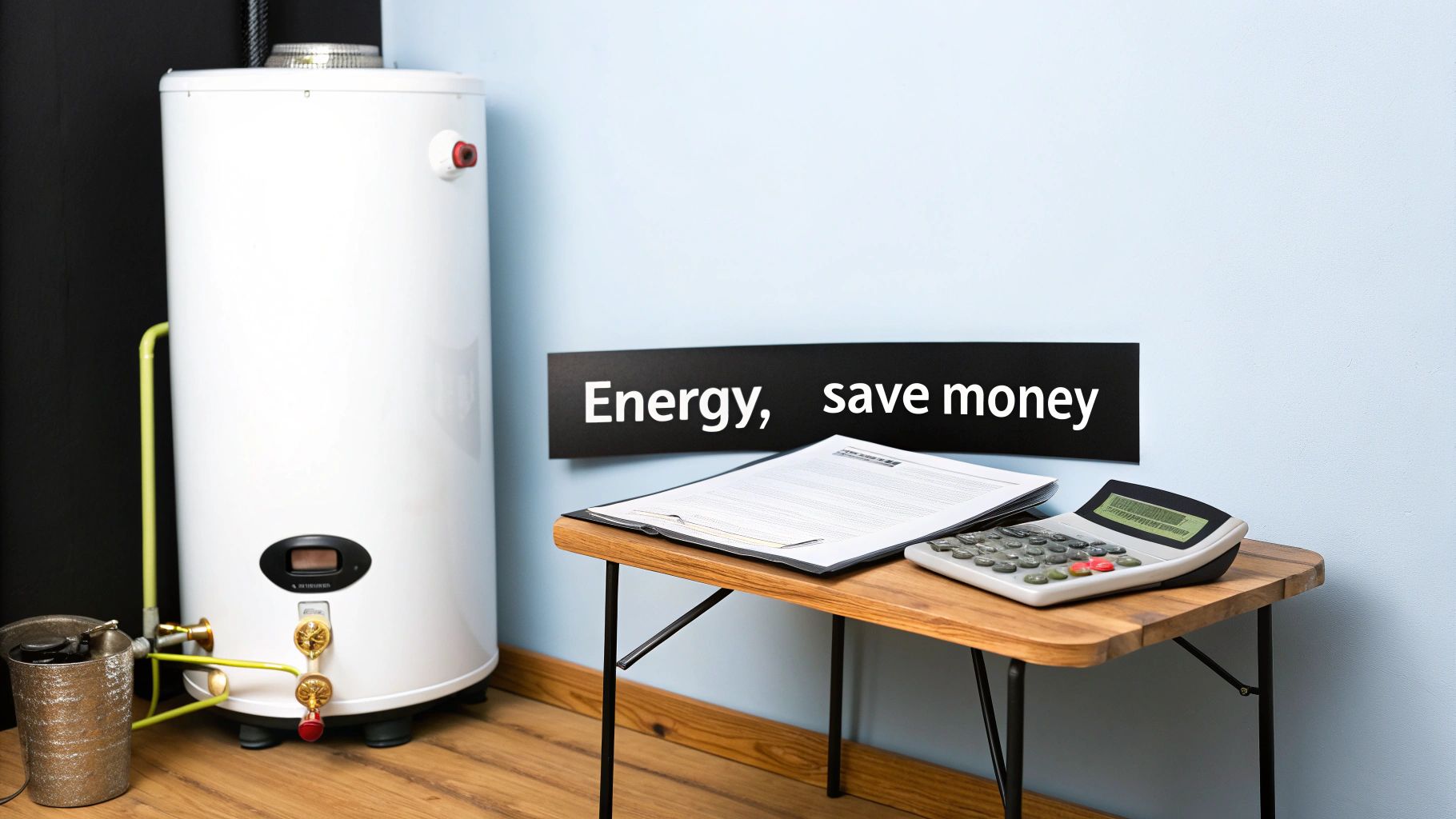 A white hot water heater is shown next to a table with a calculator and papers. A sign on the wall says "Energy, save money."
