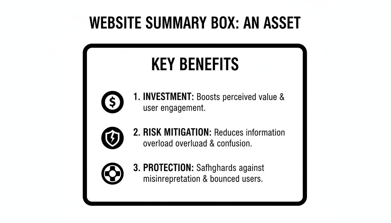 An infographic titled 'Website Summary Box: An Asset' lists key benefits: investment, risk mitigation, and protection.