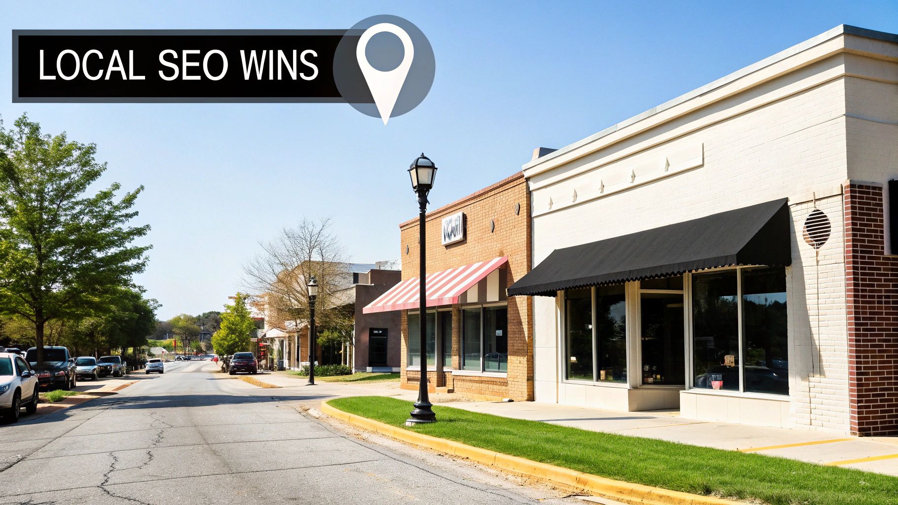 Street view of small businesses with awnings, parked cars, and a 'LOCAL SEO WINS' banner with a location pin.