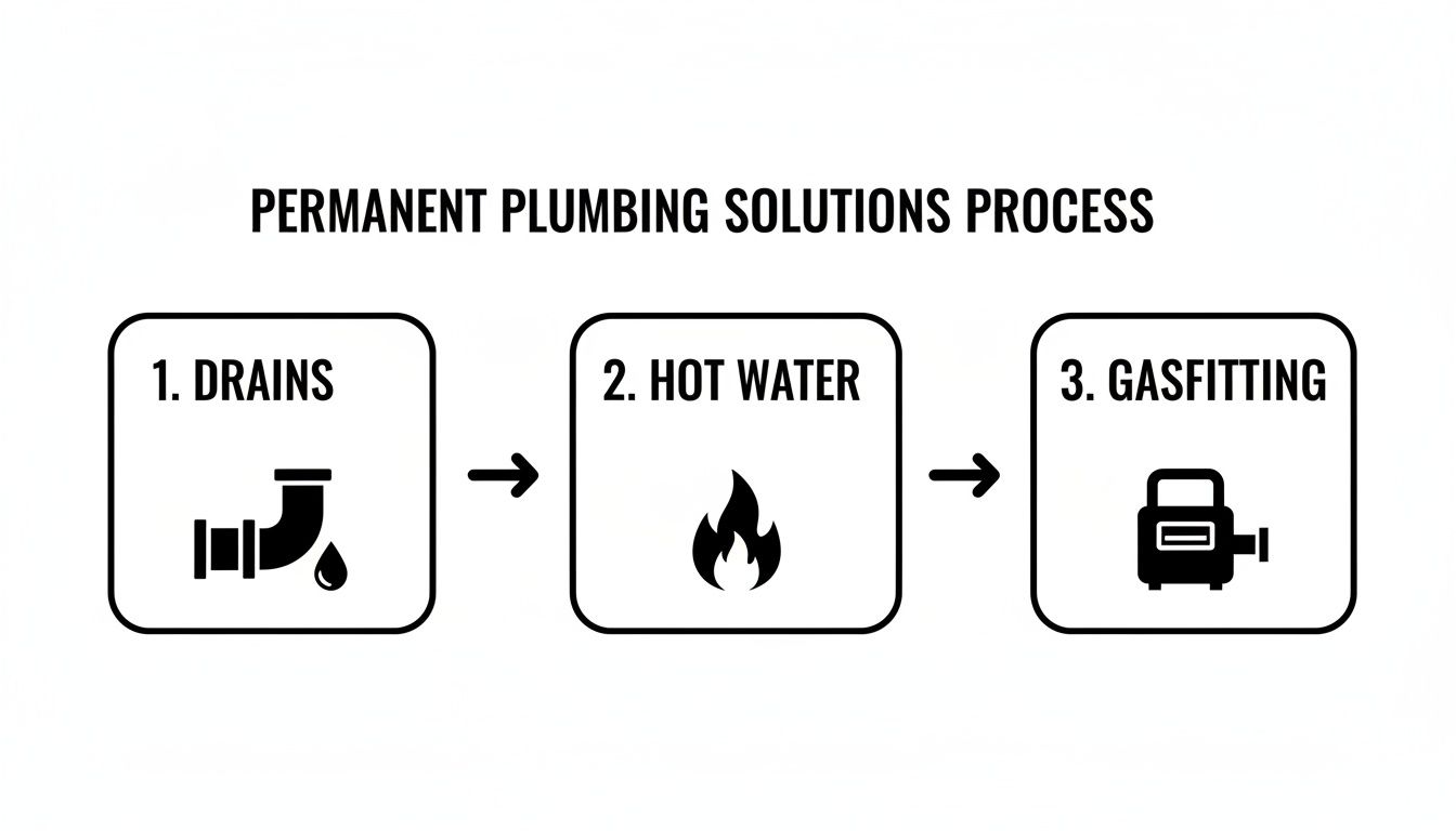 Diagram illustrating plumbing solutions process: drains, hot water, and gasfitting services with icons.