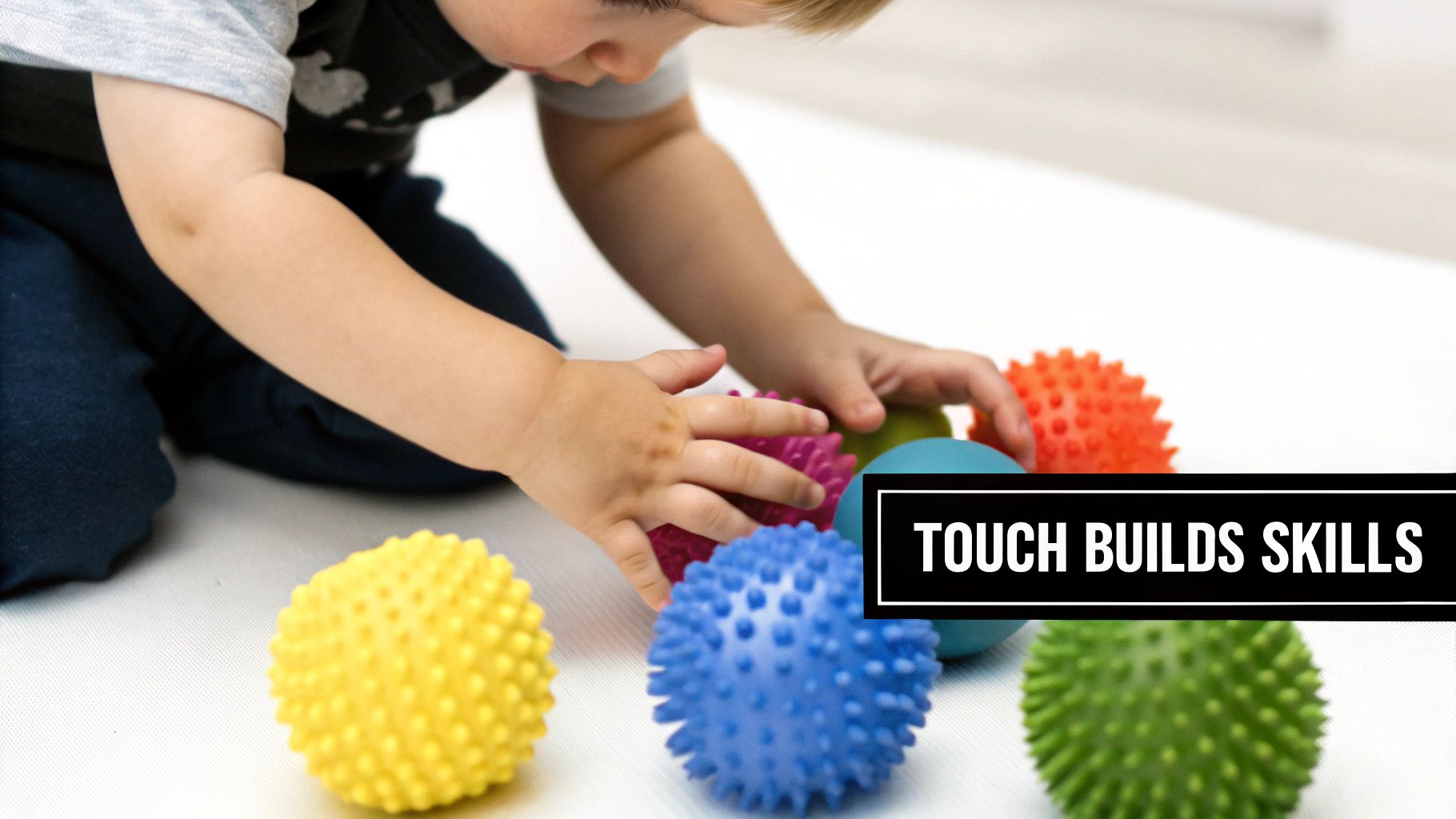 A young child plays with several colorful, spiky tactile sensory balls on a white surface.