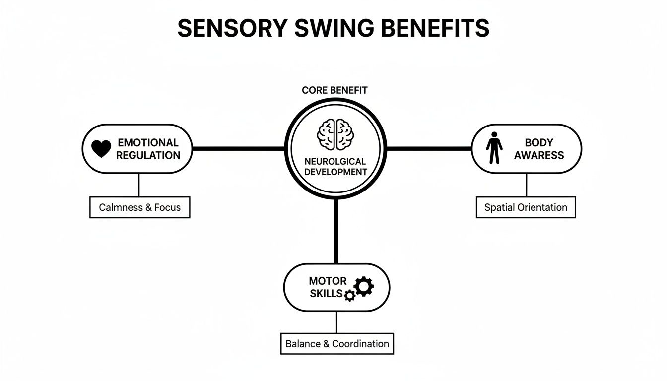 Diagram illustrating sensory swing benefits: neurological development, emotional regulation, body awareness, and motor skills.