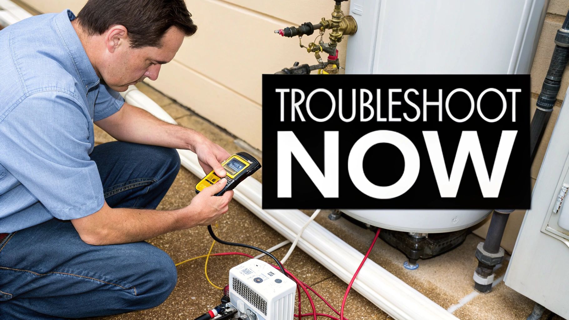 A technician uses a diagnostic tool to troubleshoot a hot water heater, with 'Troubleshoot Now' text.