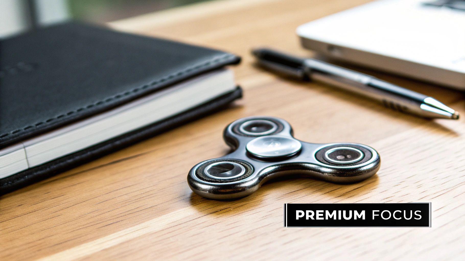 A shiny metal fidget spinner rests on a wooden desk alongside a notebook and pen.