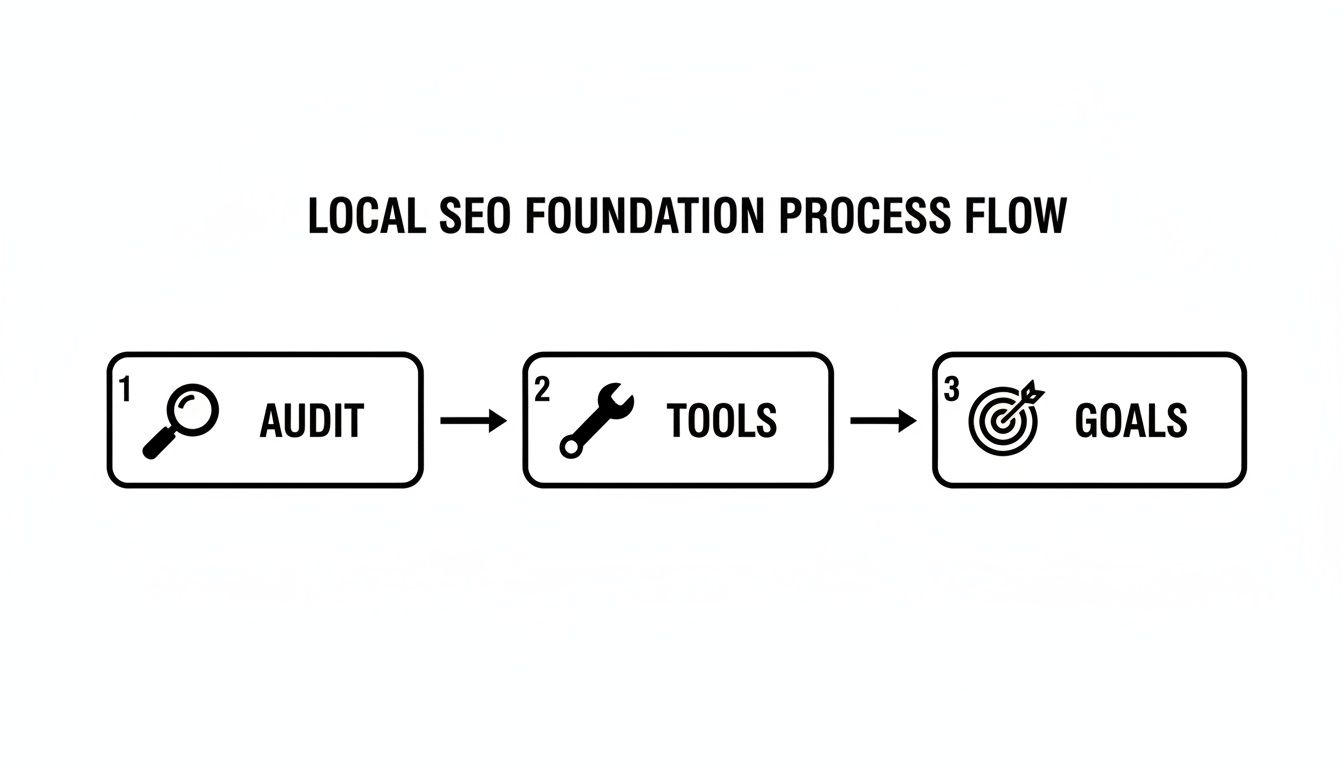 A local SEO foundation process flow diagram outlining three steps: audit, tools, and goals.