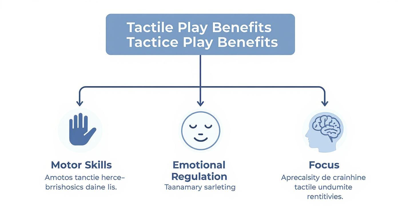 A diagram illustrating the benefits of tactile play, including motor skills, emotional regulation, and focus.