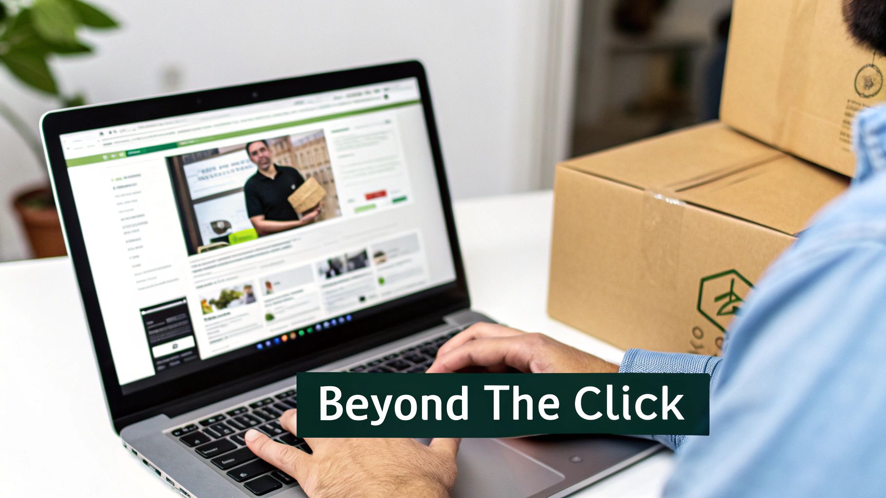 A person uses a laptop displaying an e-commerce website with a man holding a package, alongside delivery boxes.