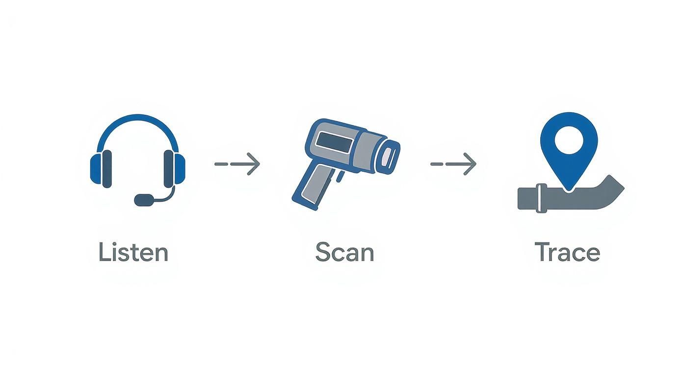 A three-step process for water leak detection: Listen (headset), Scan (scanner), Trace (map pin over pipe).