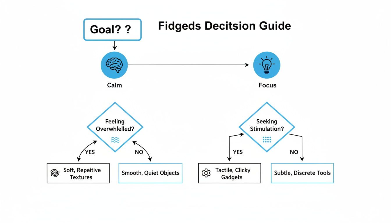 Fidgets decision guide: choose tools for calm (soft, smooth) or focus (tactile, subtle) based on needs.