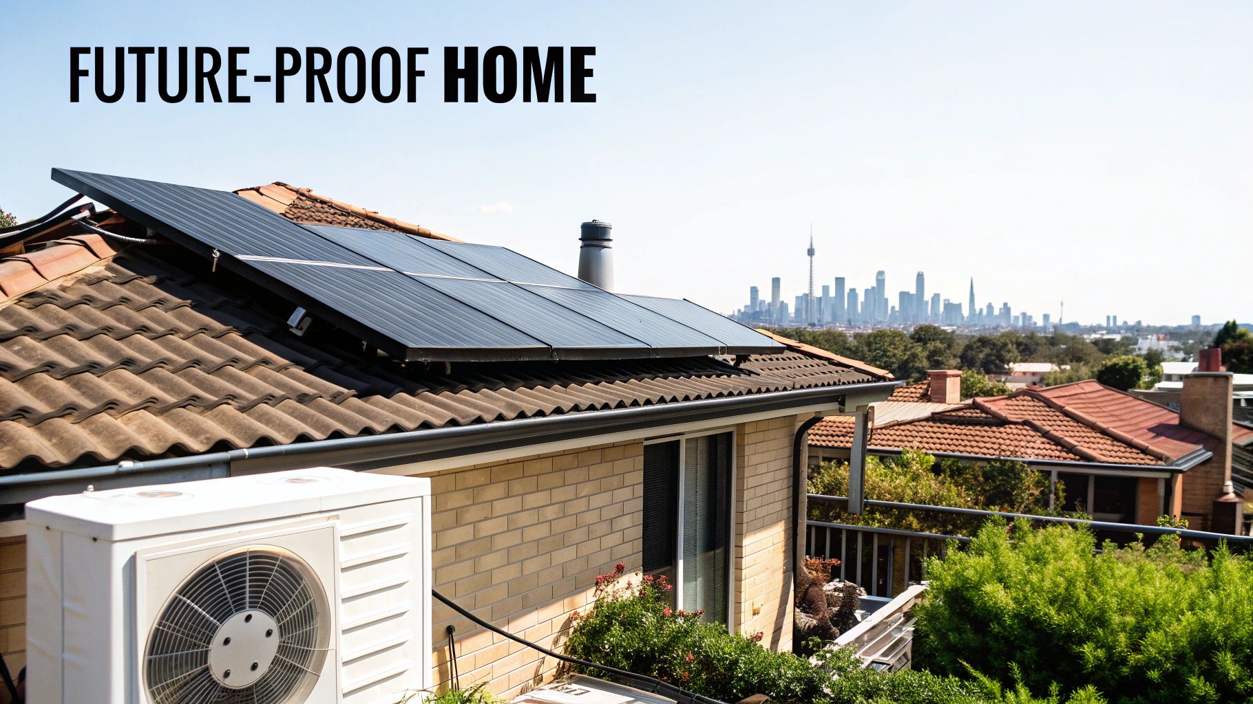 A house with solar panels and an outdoor AC unit on its roof, with a city skyline in the background.