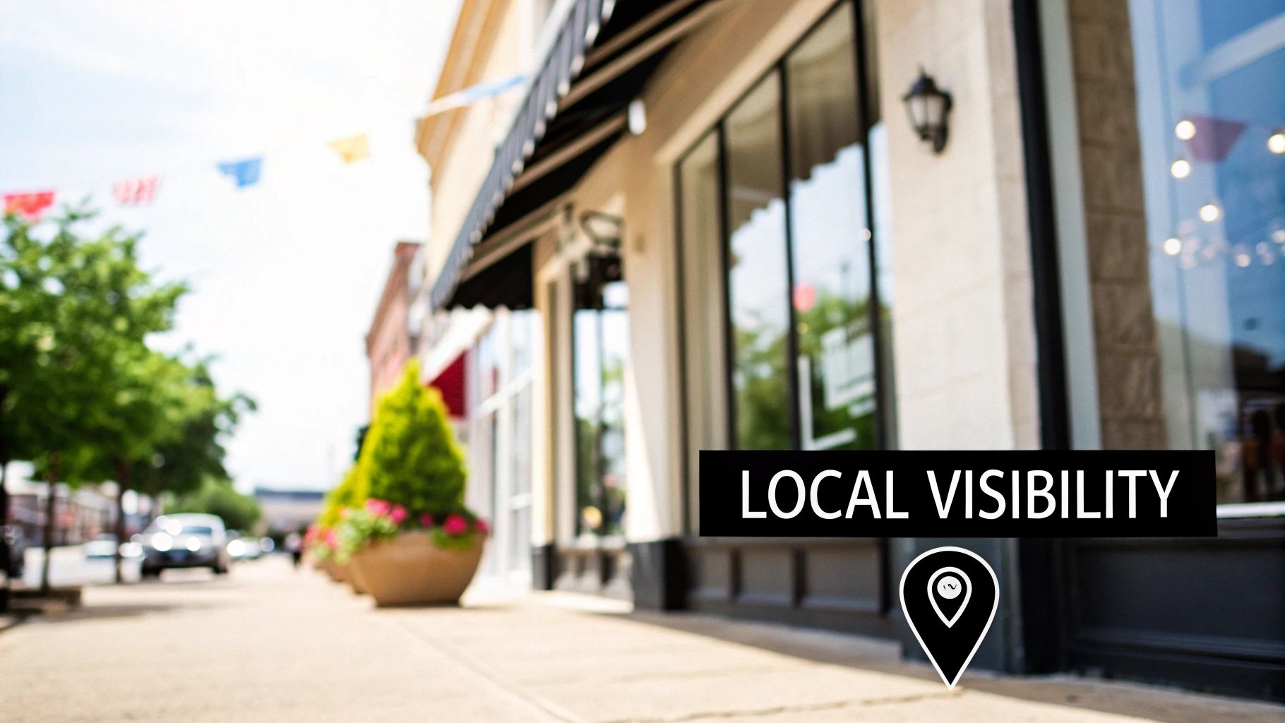 Sunny street view of charming storefronts with a 'LOCAL VISIBILITY' overlay and a location pin icon.