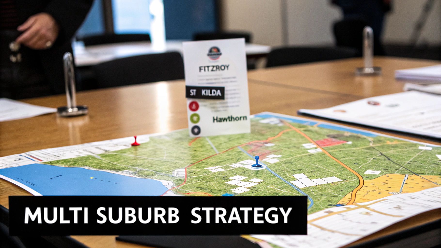 A map on a table with location pins and a card listing suburbs like Fitzroy, St Kilda, and Hawthorn, titled 'Multi Suburb Strategy'.