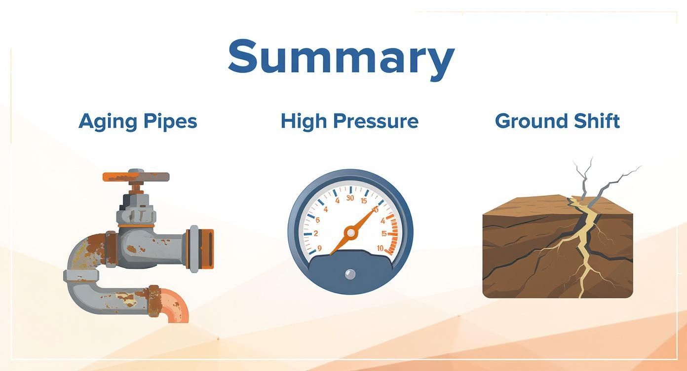 Summary illustrating three causes: aging pipes, high pressure, and ground shift with respective icons.