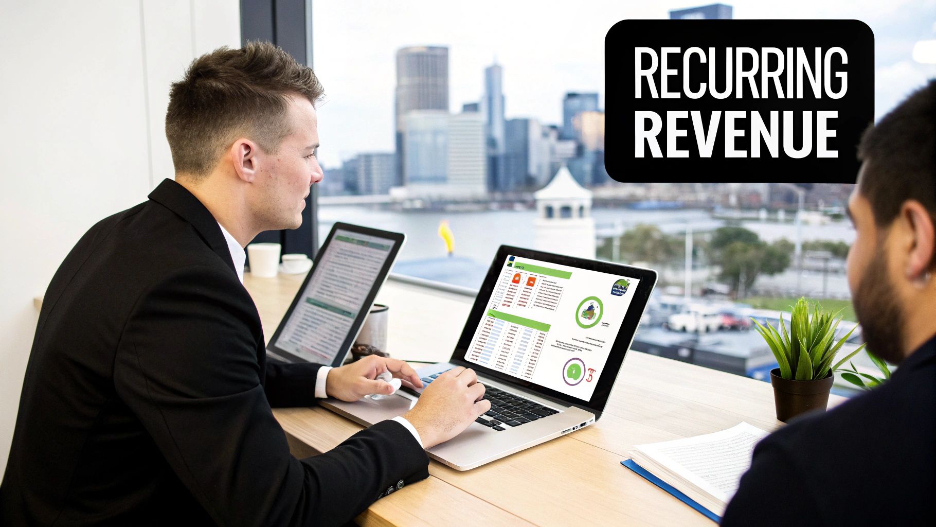 Two businessmen analyzing recurring revenue data on laptops in a modern office with a city view.